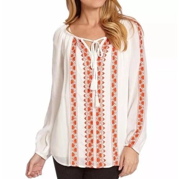 Karen Kane Embroidered Peasant Tunic Top XL White Orange Keyhole Tie Neck NWT - Picture 1 of 13